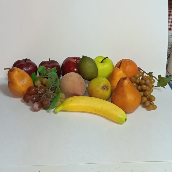 Vtg Artificial fruit, faux wooden bowl 16pc - Picture 2 of 7